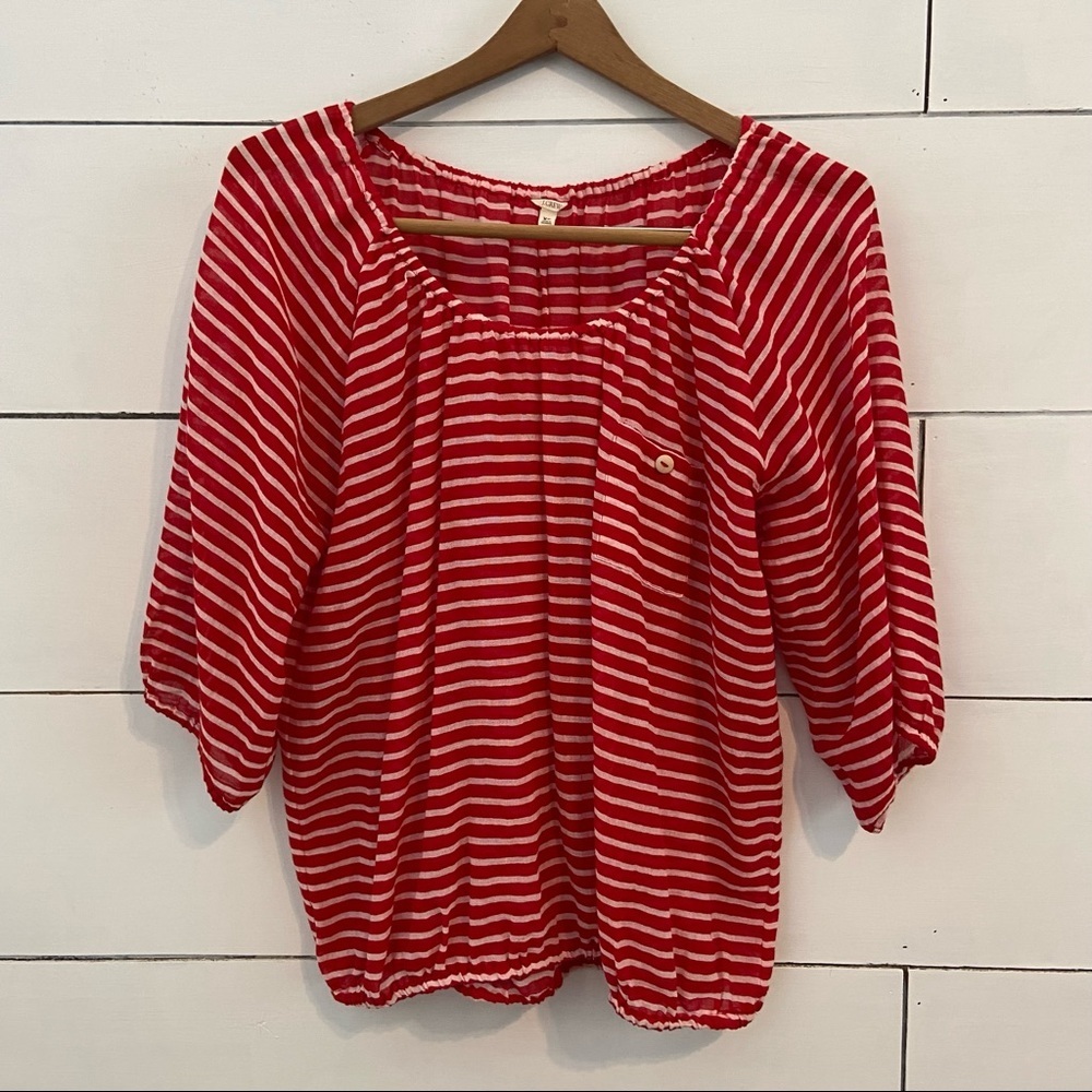 J.Crew Red and White Striped Peasant Blouse. Size XSmall. EUC